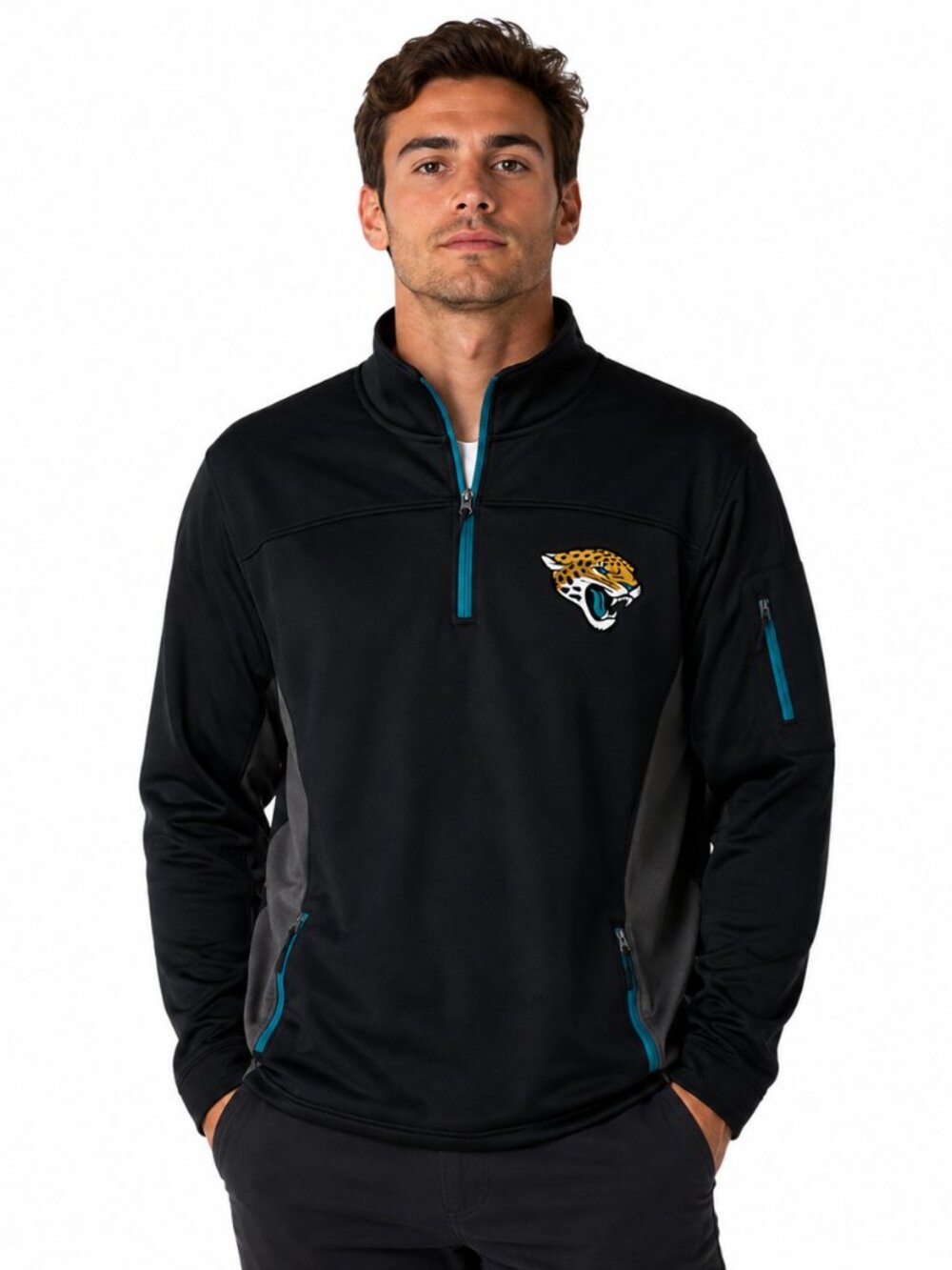 Jacksonville Jaguars Jacket Size Medium Front Back Embroidered Logos Zip Pockets